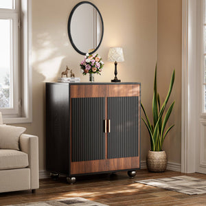 Verinch Multi-Purpose Fluted Sideboard Credenza, Walnut & Black – BC002