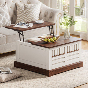 Farmhouse Lift-Top Coffee Table with Hidden Storage – White & Walnut
