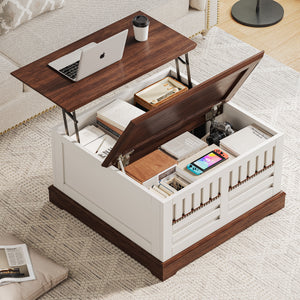 Farmhouse Lift-Top Coffee Table with Hidden Storage – White & Walnut