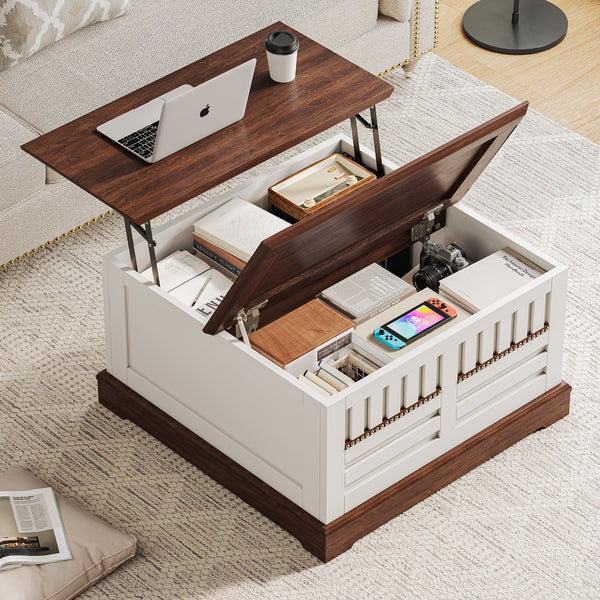 Farmhouse Lift-Top Coffee Table with Hidden Storage – White & Walnut