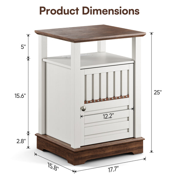 Farmhouse End Table with Barn Door & Charging Station – White
