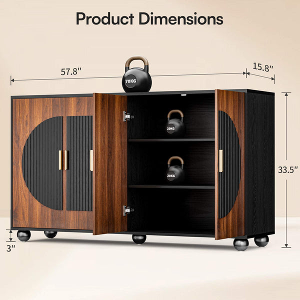 Verinch Multi-Purpose Fluted Sideboard Credenza, Walnut & Black – BC002