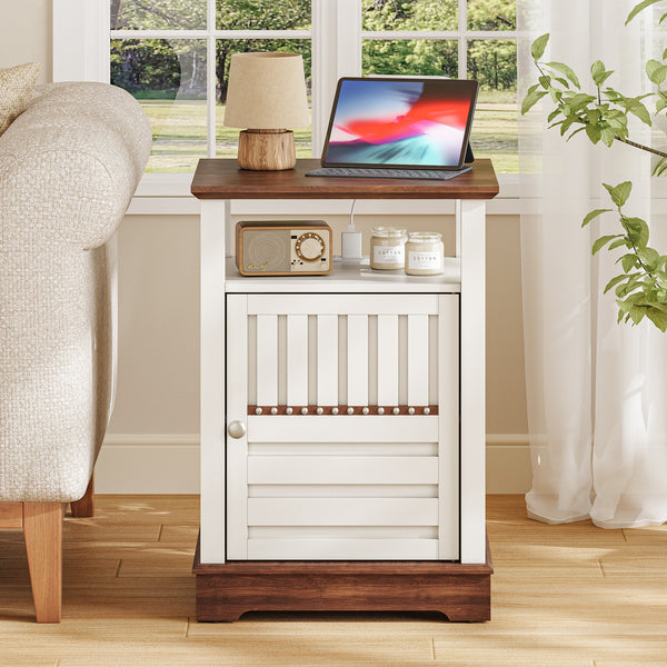 Farmhouse End Table with Barn Door & Charging Station – White