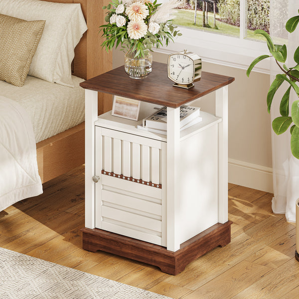 Farmhouse End Table with Barn Door & Charging Station – White