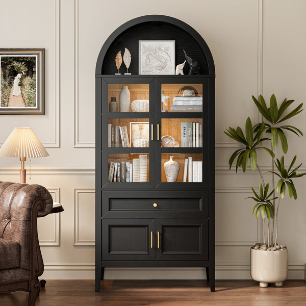 71'' Tall Full Wood Arched Storage Cabinet Adjustable Shelves Bookcase With LED Lights