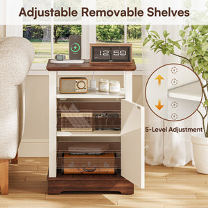 Farmhouse End Table with Barn Door & Charging Station – White