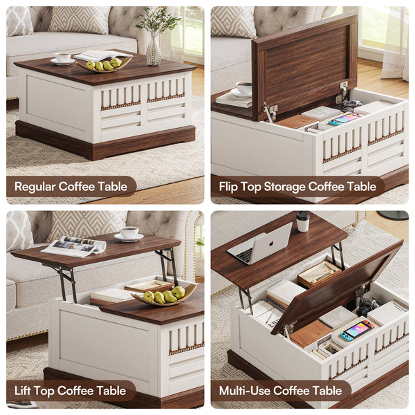 Farmhouse Lift-Top Coffee Table with Hidden Storage – White & Walnut