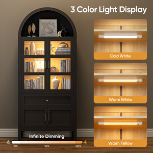 71'' Tall Full Wood Arched Storage Cabinet Adjustable Shelves Bookcase With LED Lights
