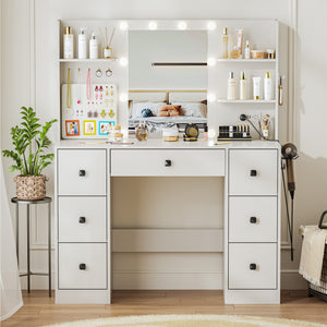 Modern White Vanity Table with LED Light Strip – Sleek Storage & Glow for Your Beauty Routine
