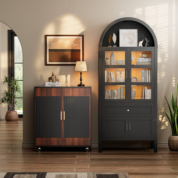 Verinch Multi-Purpose Fluted Sideboard Credenza, Walnut & Black – BC002