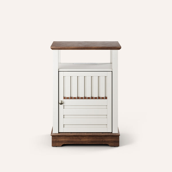 Farmhouse End Table with Barn Door & Charging Station – White