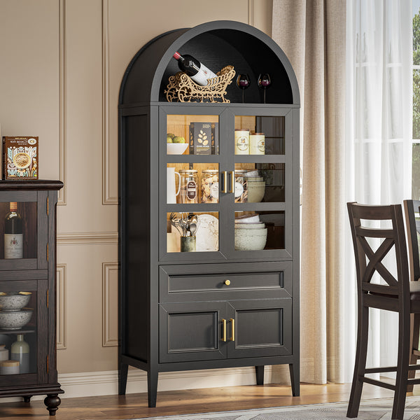 71'' Tall Full Wood Arched Storage Cabinet Adjustable Shelves Bookcase With LED Lights
