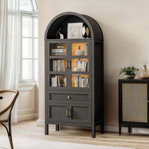 71'' Tall Full Wood Arched Storage Cabinet Adjustable Shelves Bookcase With LED Lights