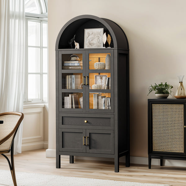 71'' Tall Full Wood Arched Storage Cabinet Adjustable Shelves Bookcase With LED Lights