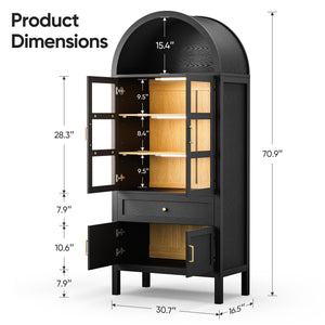 71'' Tall Full Wood Arched Storage Cabinet Adjustable Shelves Bookcase With LED Lights