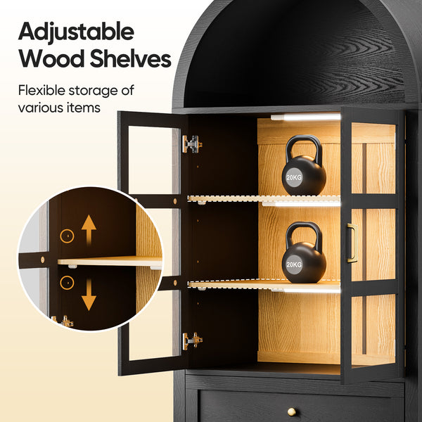 71'' Tall Full Wood Arched Storage Cabinet Adjustable Shelves Bookcase With LED Lights