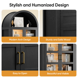 71'' Tall Full Wood Arched Storage Cabinet Adjustable Shelves Bookcase With LED Lights