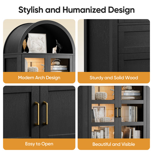 71'' Tall Full Wood Arched Storage Cabinet Adjustable Shelves Bookcase With LED Lights