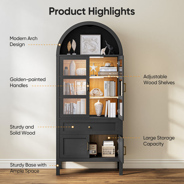 71'' Tall Full Wood Arched Storage Cabinet Adjustable Shelves Bookcase With LED Lights